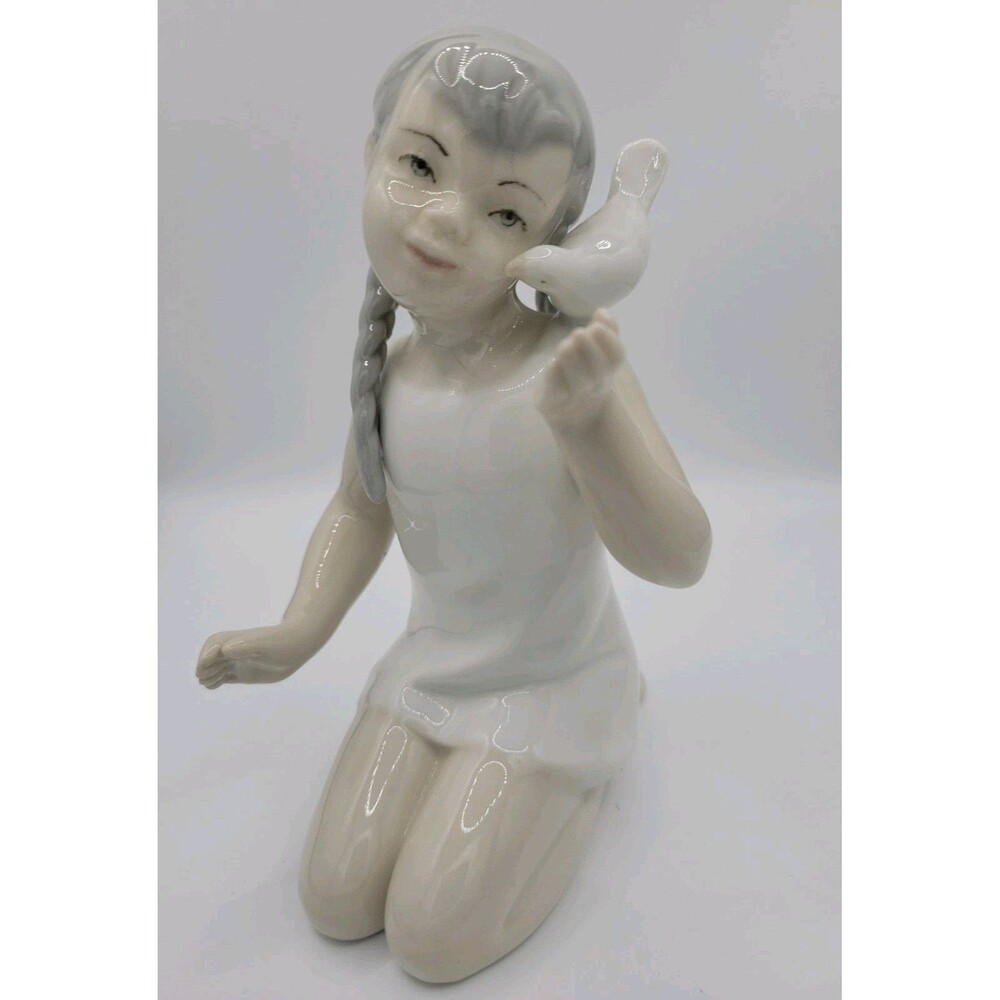 Beautiful Porceval Girl w Bird Porcelain Figure Made in Spain By Pintado Mano